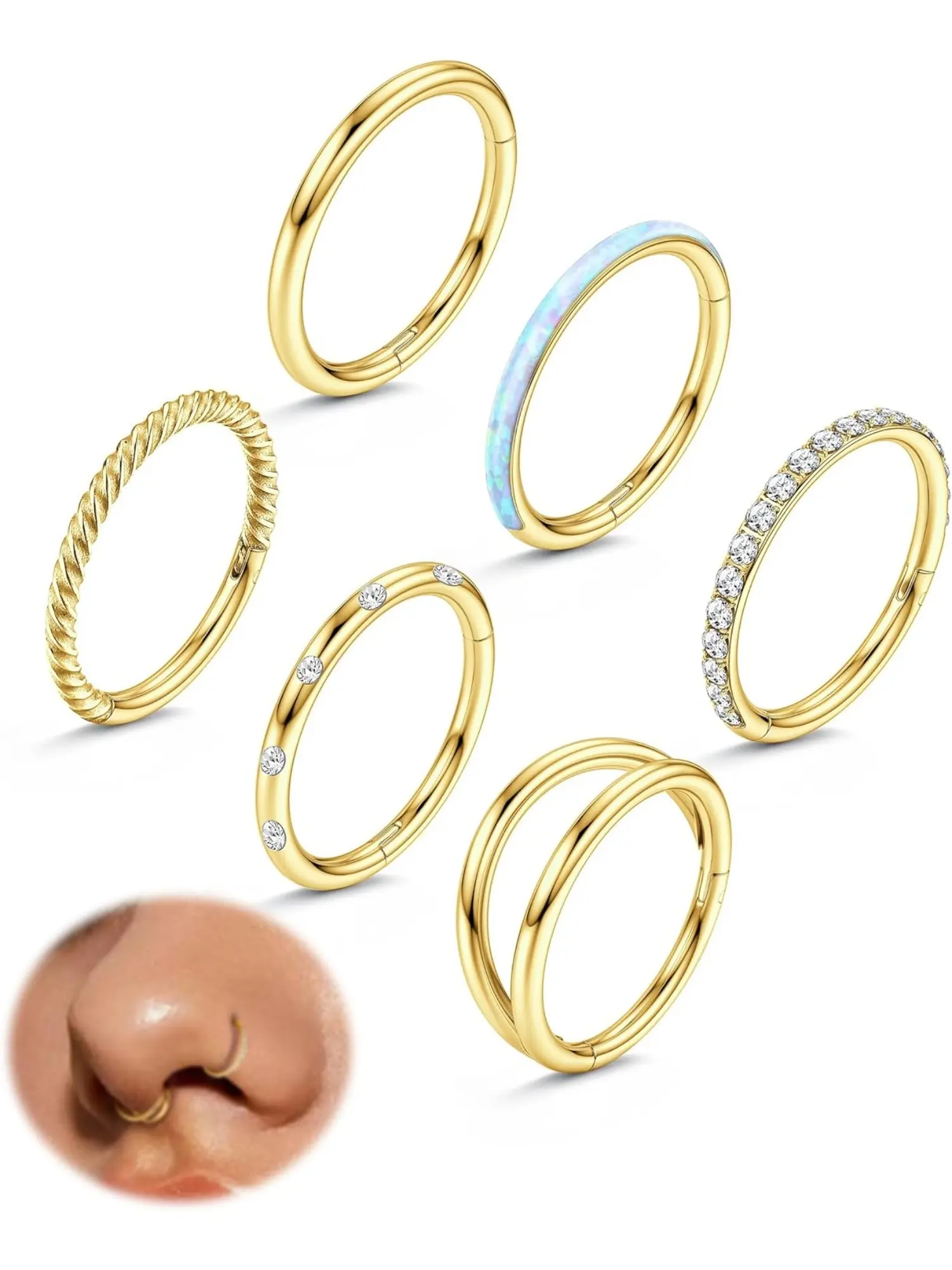 6 Pcs 18G 8MM Nose Piercing Ring Helix Piercings Surgical Steel Clicker Nose Ring Piercing Gold Nostril Piercing Ring Helix Conch Tragus Ear Piercing Septum Piercing Set