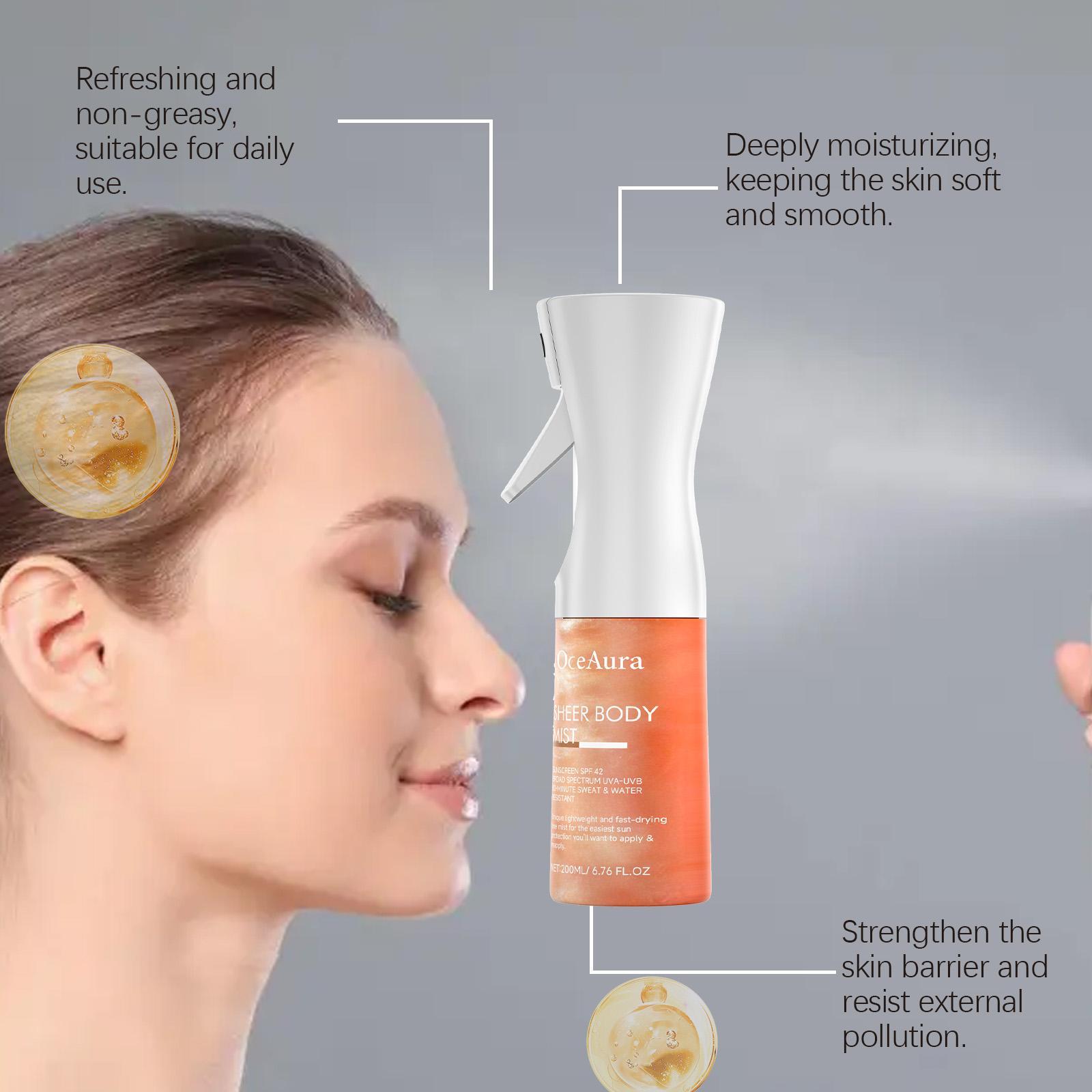 Sunglaze Sheer Body Mist Sunscreen, Infused with Shimmering Body Oil, Hydrating Mist, Hydrates, Gives Skin a Glowy Finish, Lightweight, Fast-Absorbing 200ML