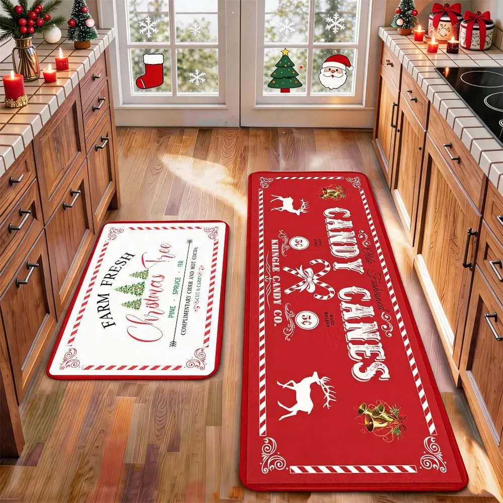 2 Pcs Christmas Kitchen Rug Mat Gnomes Gingerbread Tree Santa Clause Snowflake Red Black Floor Mat Set Farmhouse Kitchen Rug Non Slip Restaurant Floor Dining Room Laundry Room Decor Carpet Mat Winter Decor Home Decor Rug