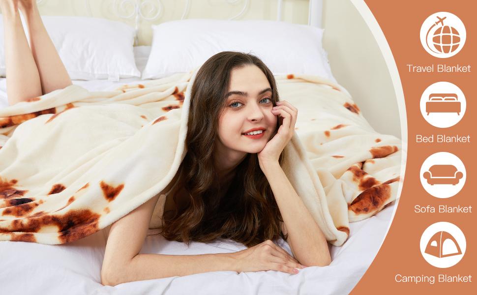 Burrito Tortilla Blanket 60in, Sided Super Soft Flannel Throw, Gag Novelty Tortilla White Elephant Gift for Christmas Adults Kids Couples Parties