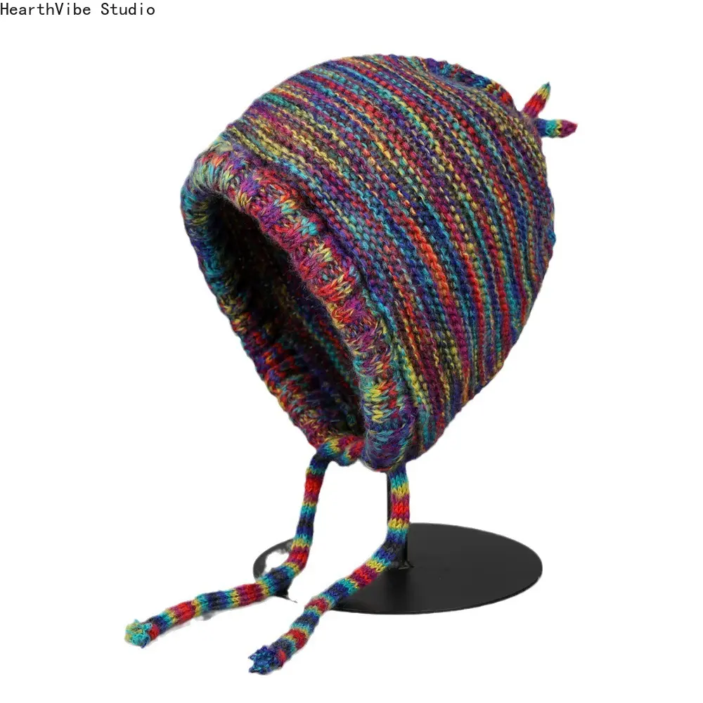 Women's Multicolor Space Dye Bonnet Hat, Vibrant Rainbow Soft Warm Knit Earflap Cap, Chunky Straps Tie-Closure Pixie Top Knot Winter Cold Weather Sports & Outdoor Headwear, Knitted Yarn