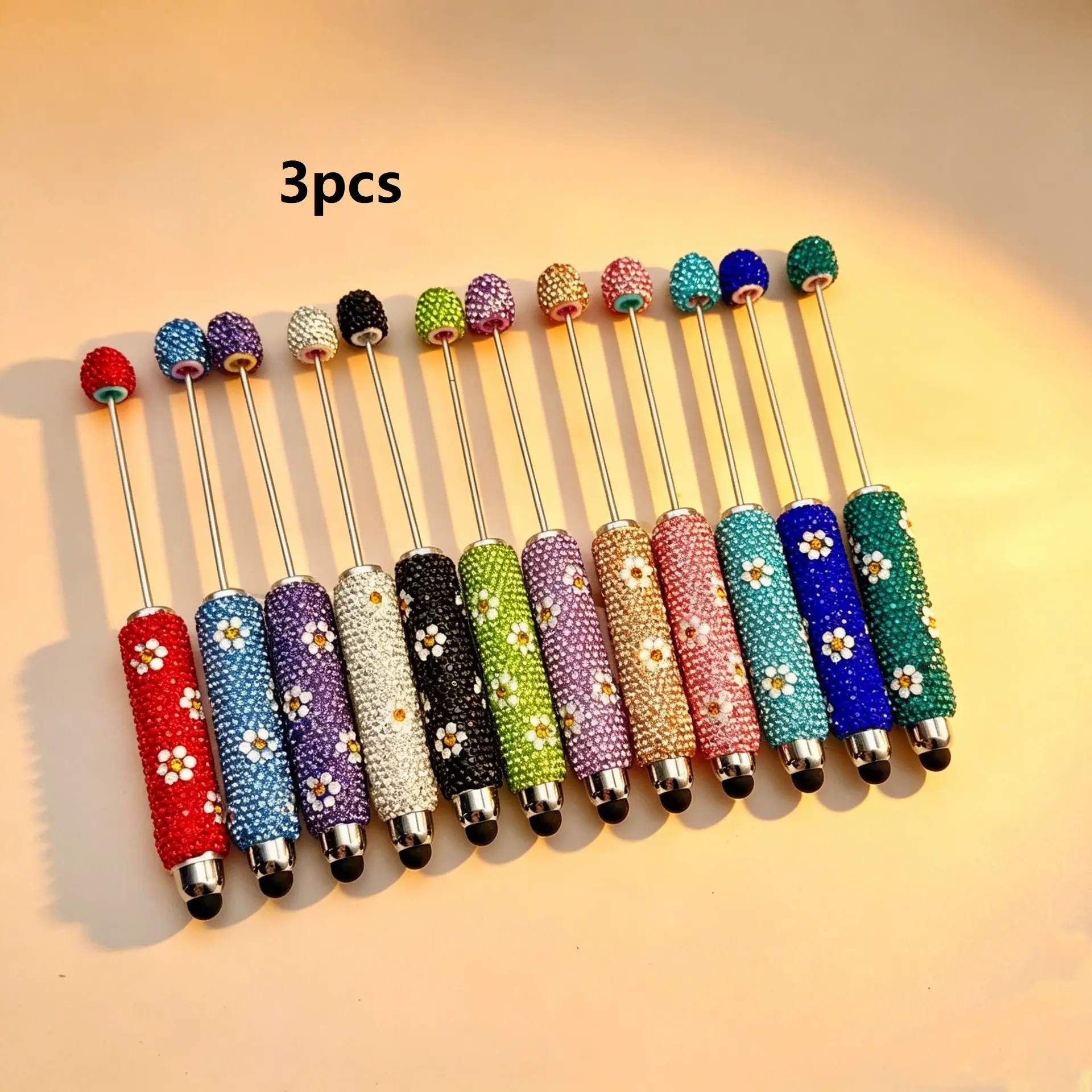 3pcs Random Pack Daisy Rhinestone Beaded Pens, Ink, Creative Holiday Stationery Gift, Elegant DIY Touch Pen, Christmas Present