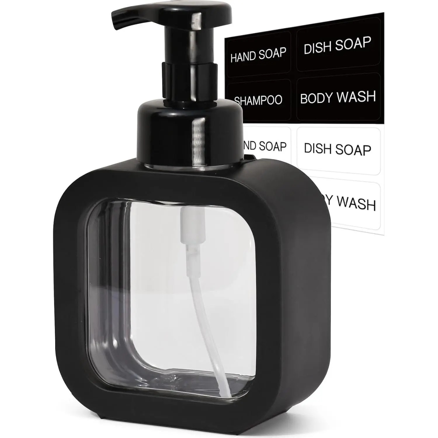 Foaming Soap Dispenser, 300ml (10oz) Plastic Refillable Foaming Hand Soap Dispenser with 8 count  Labels,  Pump Bottle for Bathroom and Kitchen (Black)