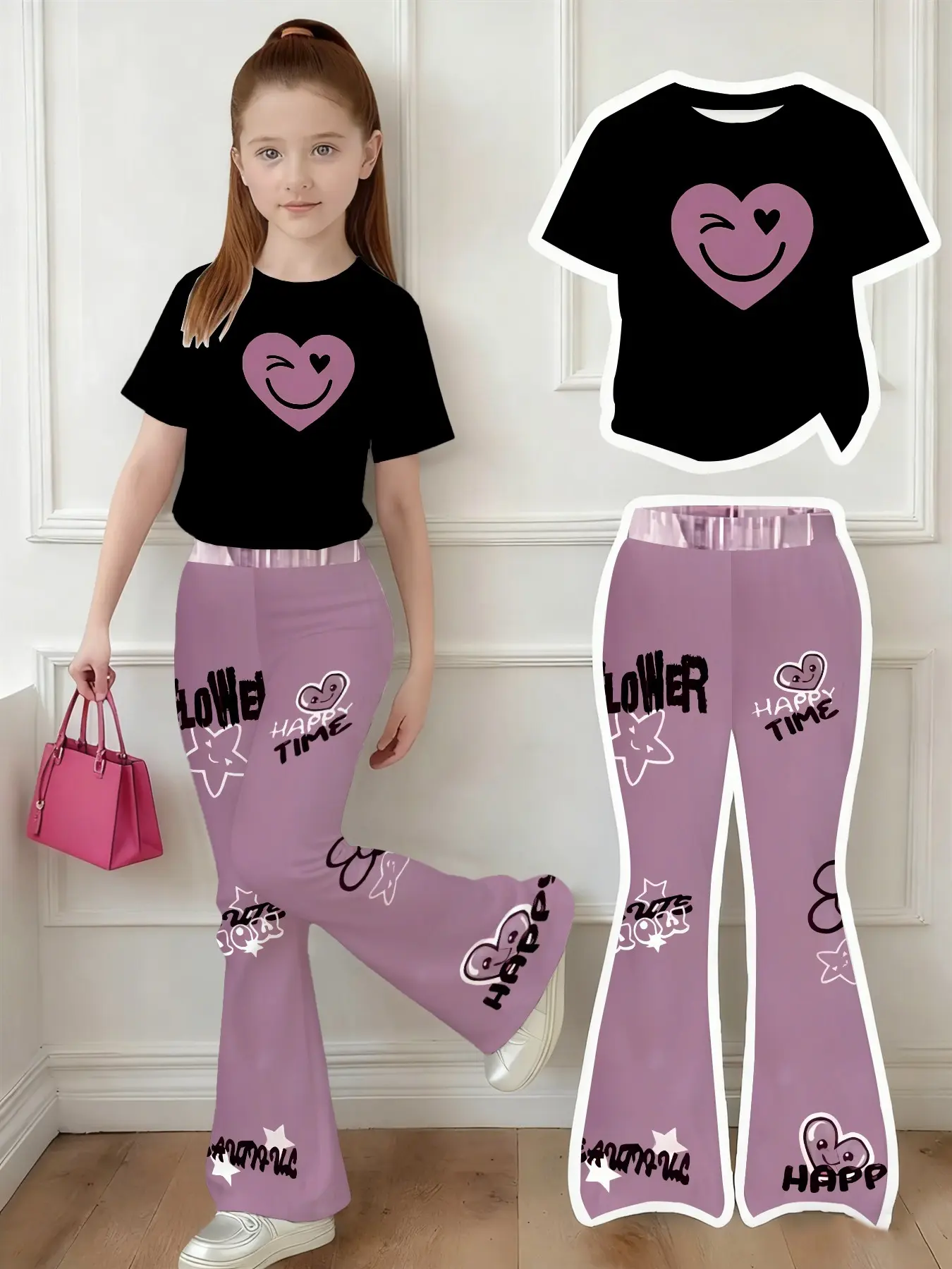 Girls' Heart Smile Short Sleeve Jeans Set, Sweet Cool Graffiti Style, T-Shirt, Heart Print, Graduated Denim Flare Pants