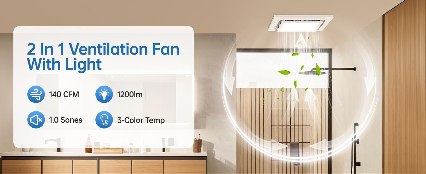 Bathroom Exhaust Fan with LED Light 8in 10in 140 CFM High Power Ventilation 3 Color Light Adjustable Energy Efficient Ceiling Ventilator 1.0 Sone Easy Install Remote Control ABS Panel