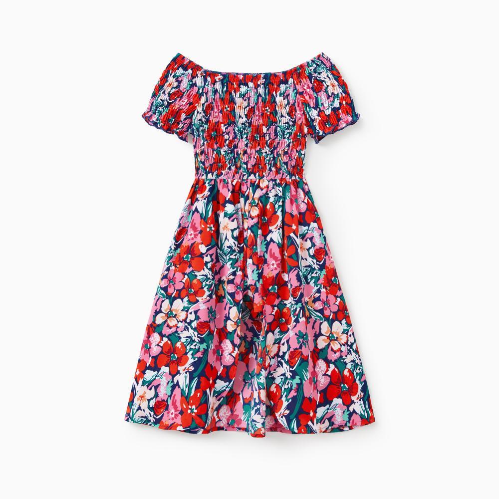 PatPat Family Matching Floral Print Short-sleeve Shirt or Off Shoulder Smocking Dresses Set Spingtok