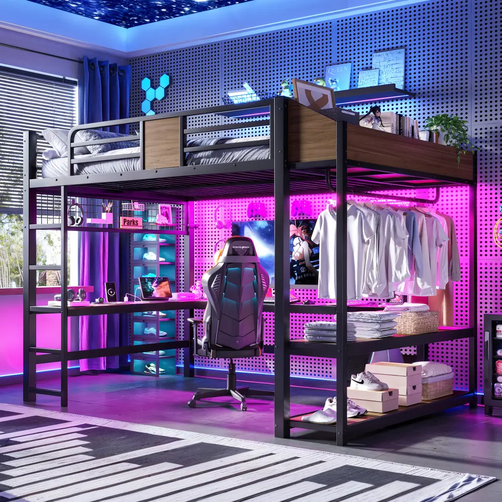 Full Size Metal Loft Bed with L-Shaped Desk and Storage Shelves, LED Strip Lights and USB Ports for Convenient Charging, Clothes Rod and Wire Mesh Storage Included, Great for Dorm or Bedroom