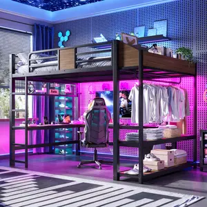 Full Size Metal Loft Bed with L-Shaped Desk and Storage Shelves, LED Strip Lights and USB Ports for Convenient Charging, Clothes Rod and Wire Mesh Storage Included, Great for Dorm or Bedroom