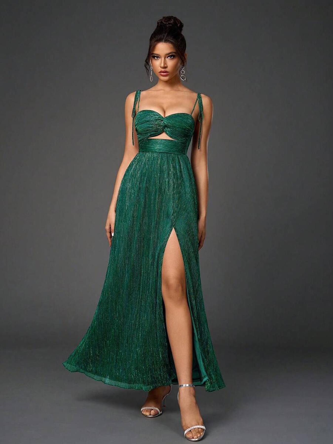 Women's Glitter Open Bust Cami Bridesmaid Dress, Elegant Sleeveless Split Hem Long Dress for Party Wedding Guest, Ladies Clothes for All Seasons, Womenswear