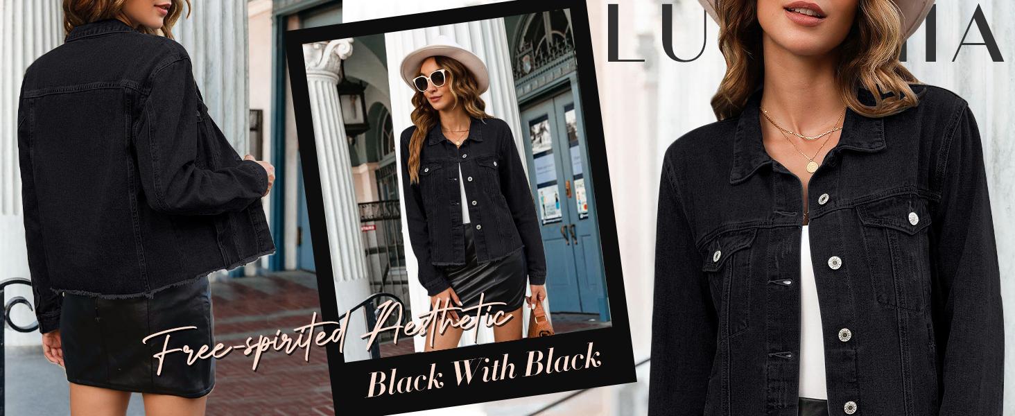 Luvamia Women's Denim Jacket Distressed Jean Button Up Vintage Western Trucker Frayed Hem Pockets Casual Coats Collared Long Sleeves Soft Denim Material Outerwear