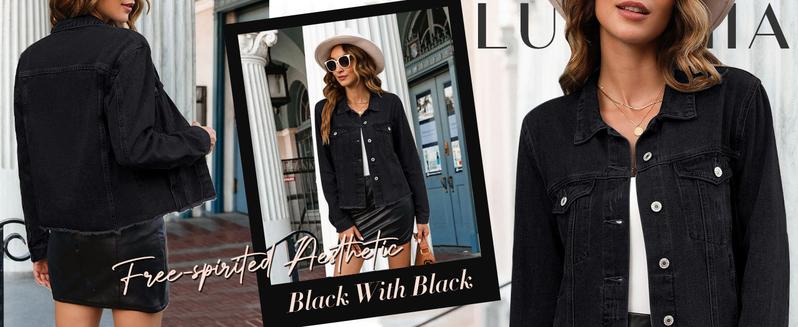 Luvamia Women's Denim Jacket Distressed Jean Button Up Vintage Western Trucker Frayed Hem Pockets Casual Coats Collared Long Sleeves Soft Denim Material Outerwear