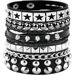 4Pcs/Set Fashion Street Hip Hop Leather Studded Cuff Bracelets Multiple Wristbands Bangle Emo Accessories for 80s Punk Rock Concert Outfit
