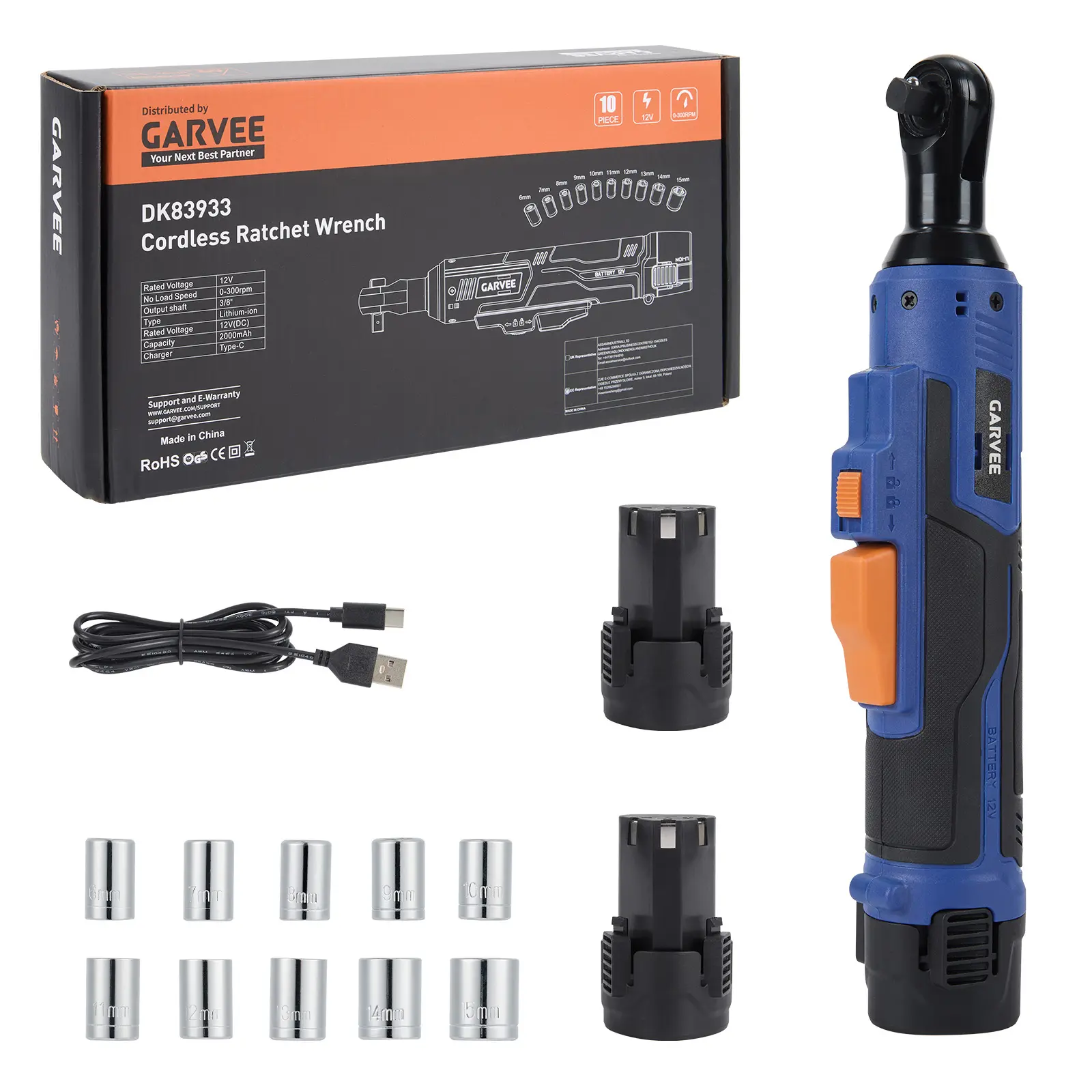 45N·m High-Torque Cordless Electric Ratchet Wrench Set | 3/8" Drive | 0–300 RPM Variable Speed | Dual 2.0Ah Batteries + LED Work Light + 10 Sockets
