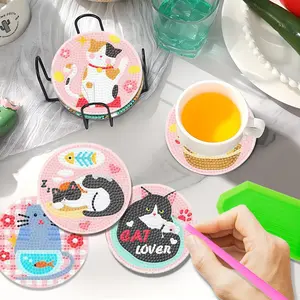 8 Cat Theme Diamond Painting Coasters, DIY 5D Cute Cartoon Cats, Unique Handmade Gift, Perfect for Cat Lovers and Friends