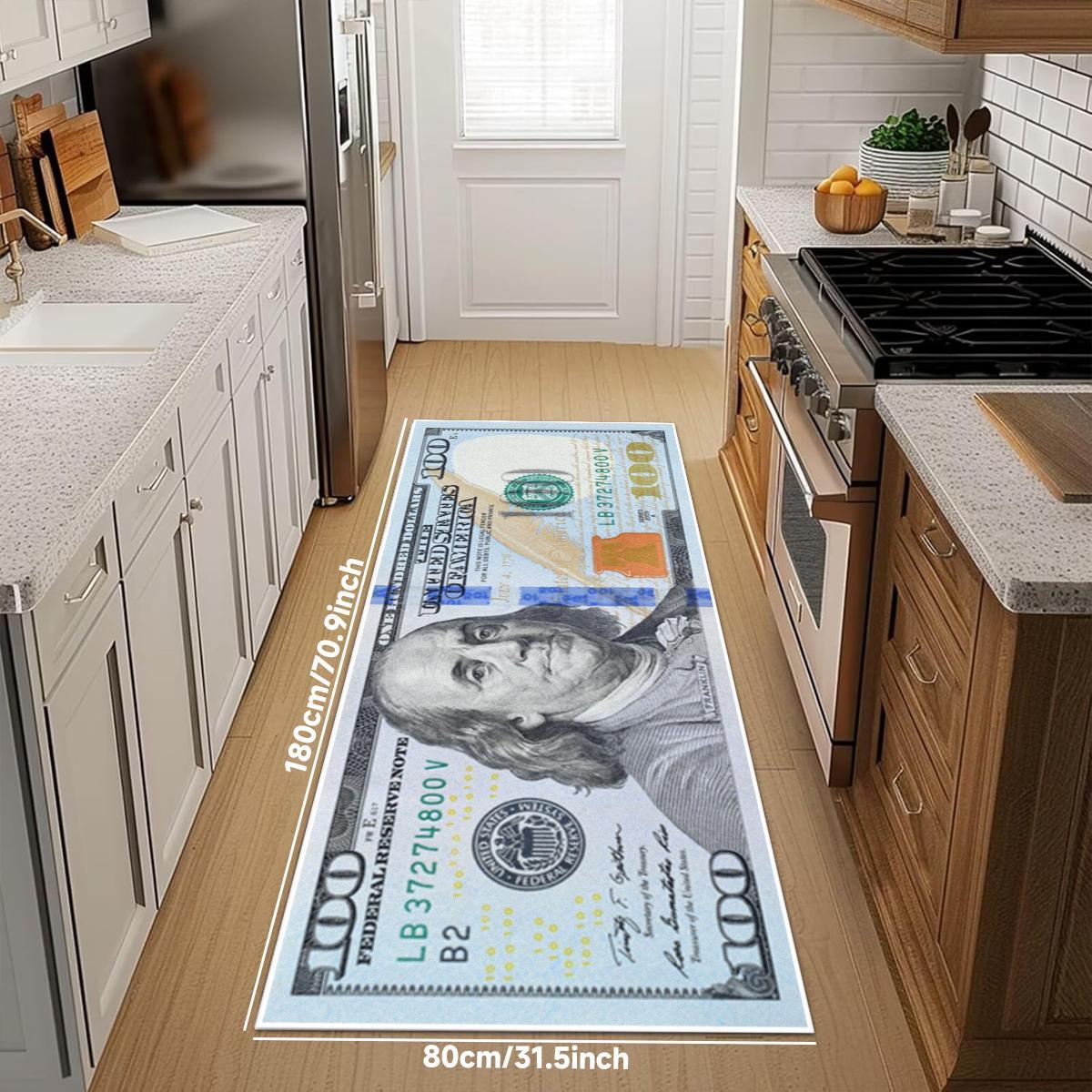 $100 Money Pattern Kitchen Mat, 1 Count Non-slip Kitchen Rug, Soft Floor Mat, Decorative Carpet for Home Kitchen Living Room Bedroom, Contemporary Rugs
