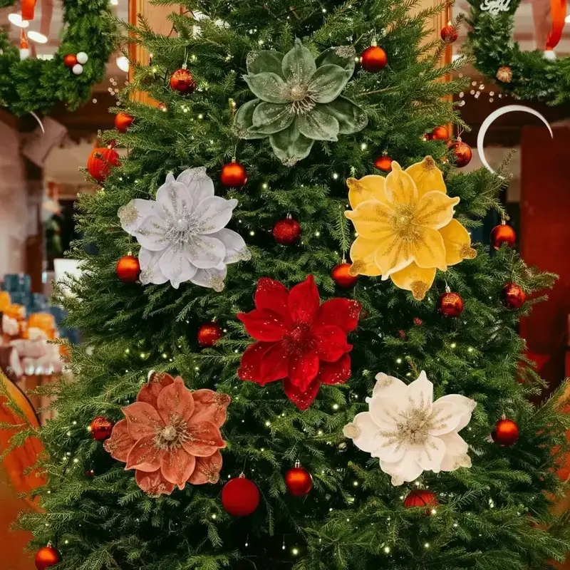 Luxury Artificial Christmas Velvet Florals Shiny Christmas Magnolias With Glam Center Ornaments Flexible Soft Stems For Christmas Tree Wreath Bouquet Centerpiece Home Party Wedding Decor Seasonal Holiday Gift