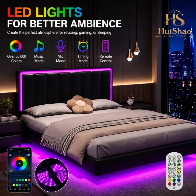 Floating LED Bed Frame with RGB Lights, Upholstered Platform Bed with PU Leather Headboard, Modern Hidden Leg Design, Noise-Free Sturdy Support, Easy Assembly, Full/Queen/King Size, Black/White