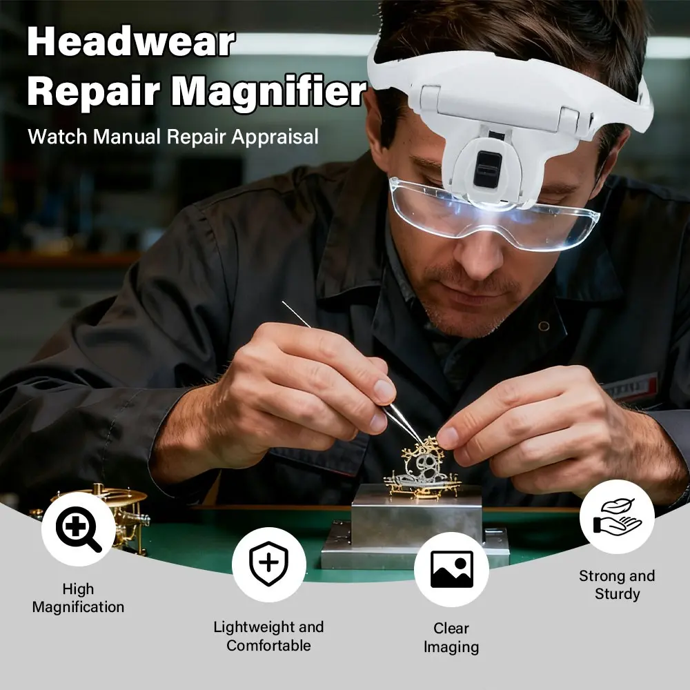 LED Headband Magnifier with 2 Leds, 5 Detachable Lenses 1x-3.5x, Hands-Free Illuminated Glass for Crafts, Cross Stitch, Hobbies, Lightweight