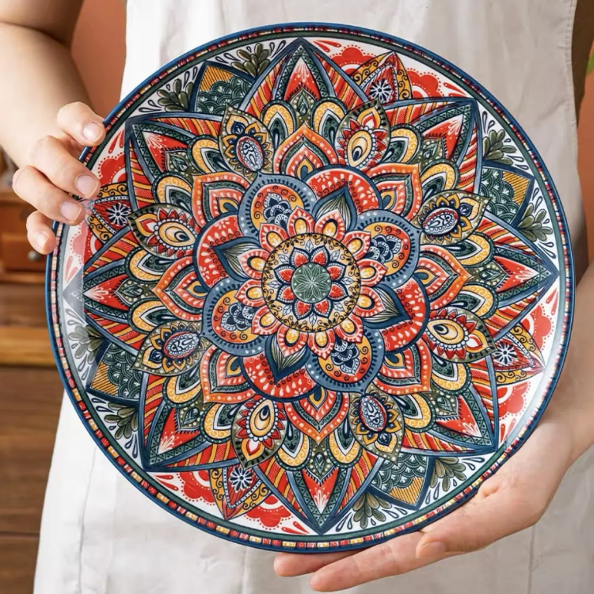 Bohemian Style Ceramic Plate Set, 2 Counts/set Geometric Pattern Creative Plate, Dishwasher Oven & Microwave Safe Boho Colourful Tableware for Home Kitchen