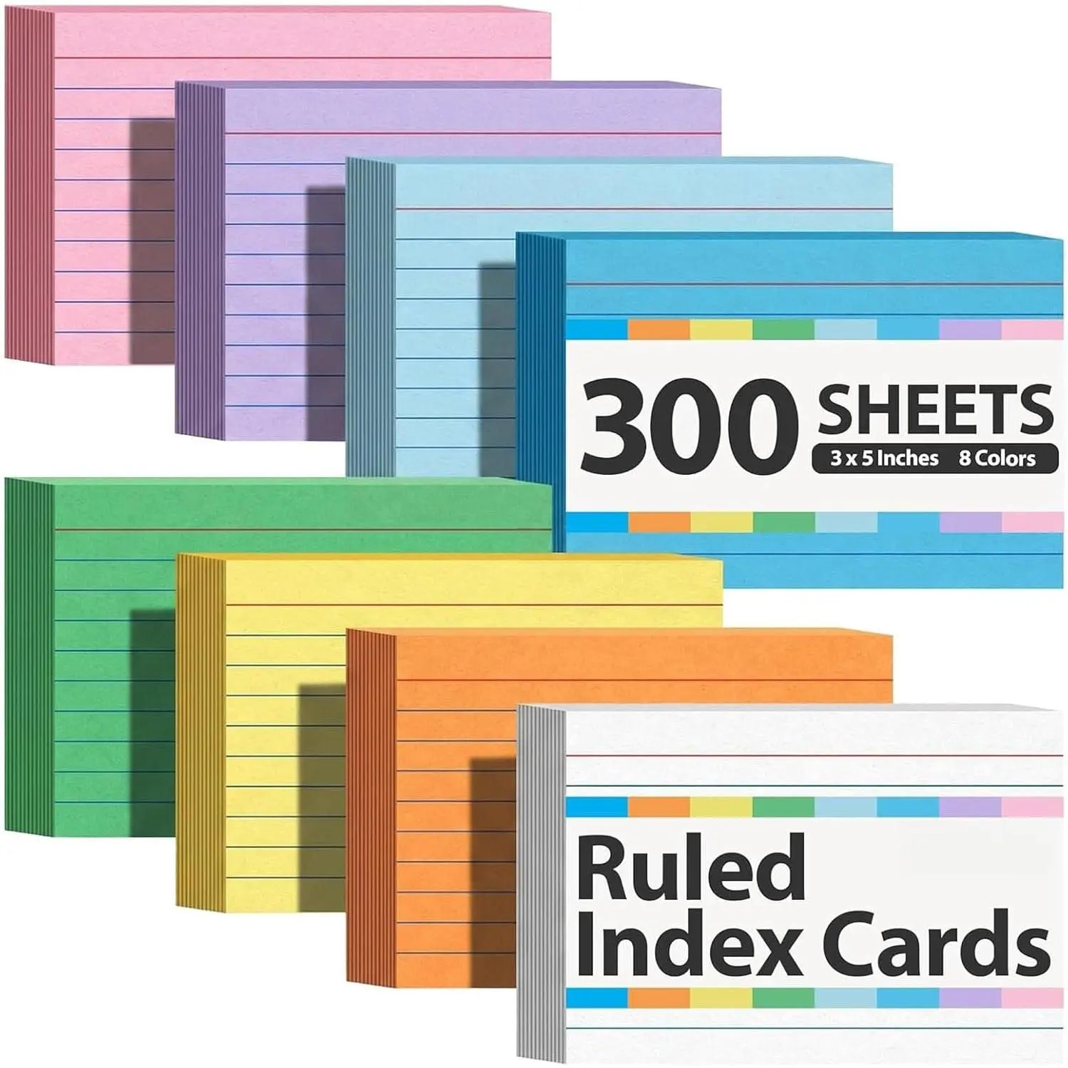 300-Count Colored Index Cards, 3x5 In Single-Side Ruled & Blank Sturdy Paper Flash Cards, 8-Color Portable Office Stationery for Students, Study Organization Notes