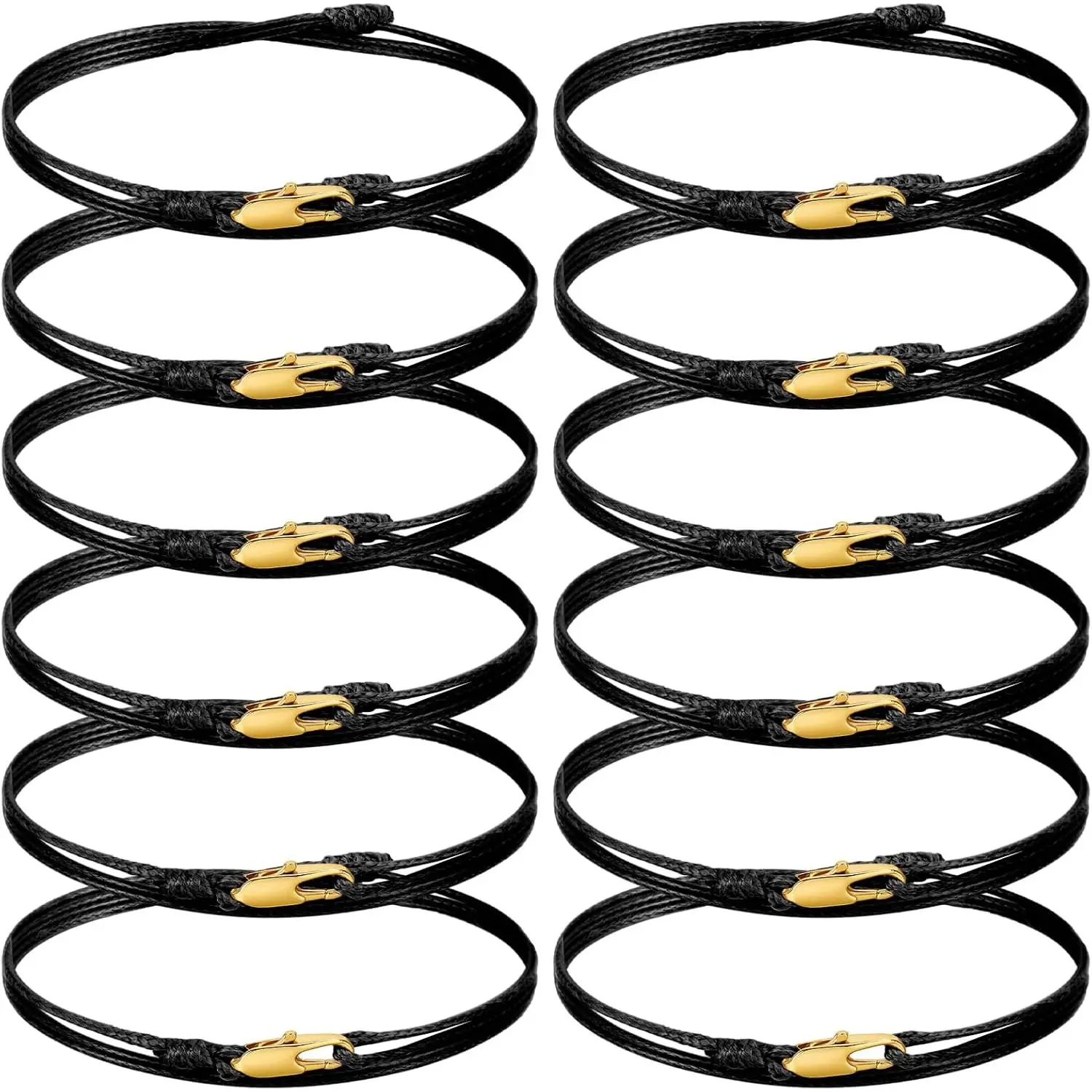 12 count Surfer Bracelets for Men & Women - black Thin Cord Wrap Bracelets with Snap Hook,  & Adjustable - Stackable As Anklets for Beach, Outdoor, Daily Wear