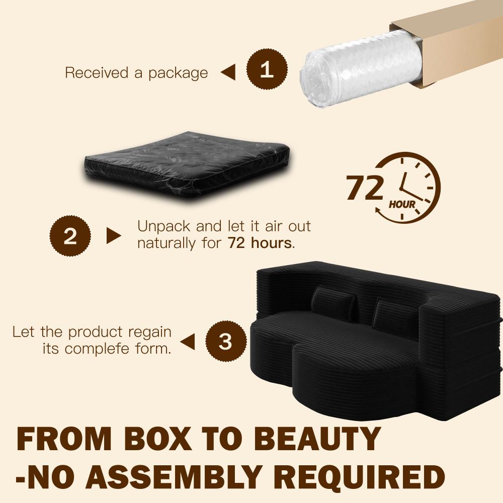 Modern Floor Sofa with 2 Pillows, Convertible Corduroy Fabric Foam-Filled Sleeper Sofa Bed, 15" Twin Size Folding Mattress for Living Room, Guest Bed, Playroom, no Assembly Required