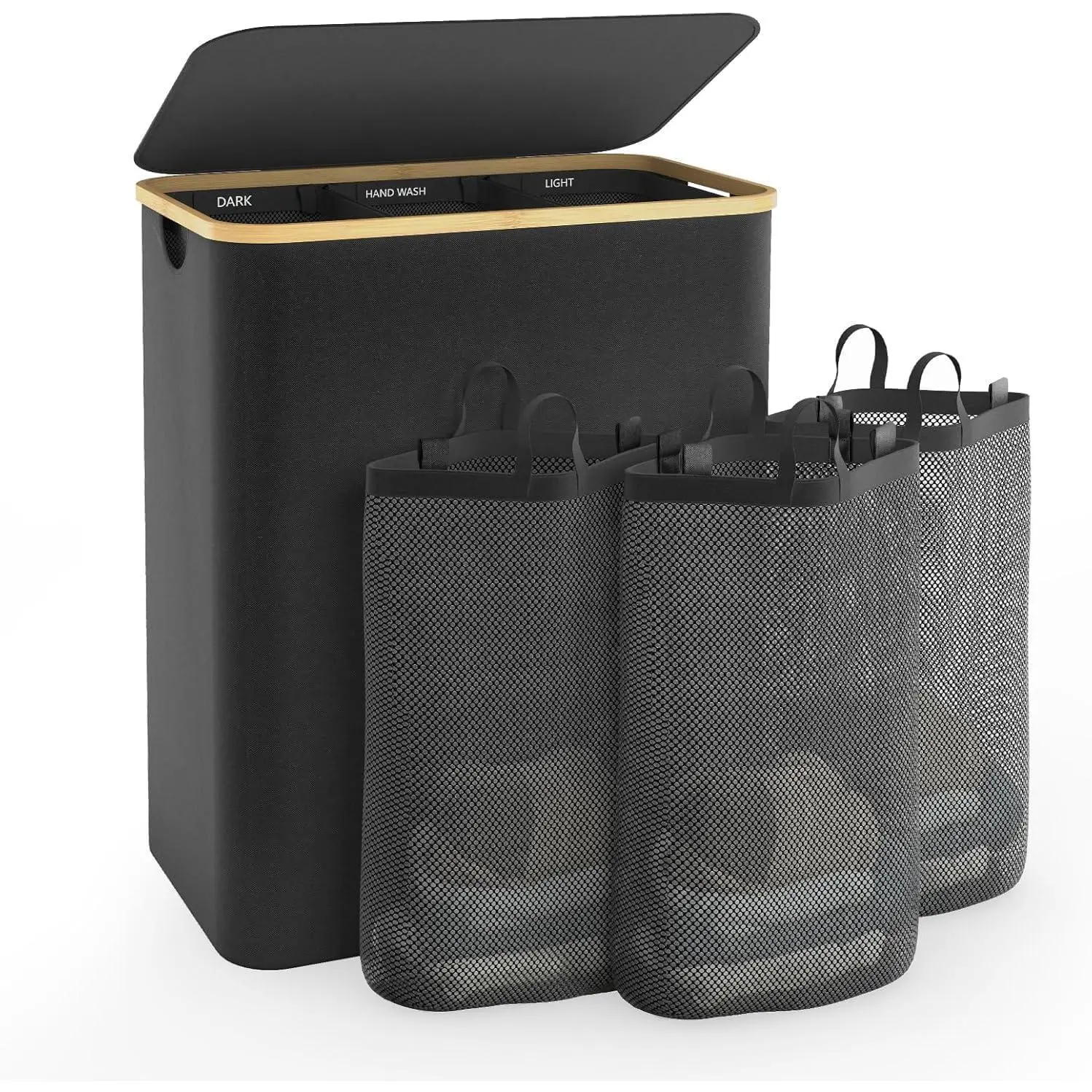 Hampers for Laundry Basket with Lid, 145L Large Laundry Hamper 3 Section | Dirty Clothes Hamper Separator with 3 Removable Bags & 5 Labels, Divided Laundry Organizer for Bedroom, Laundry Room, Black
