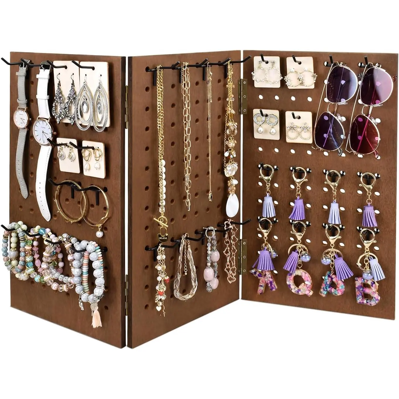 Wall-Mountable Wooden Foldable 3-Panel Pegboard Jewelry Display Organizer with 48 Removable Black Hooks, Vertical or Horizontal Display, Ideal for Travel, Brown Color