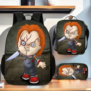 Chucky Ghost Doll dark wood grain three-piece school bag set includes a backpack, insulated lunch bag, and stationery storage bag for daily use by teenagers