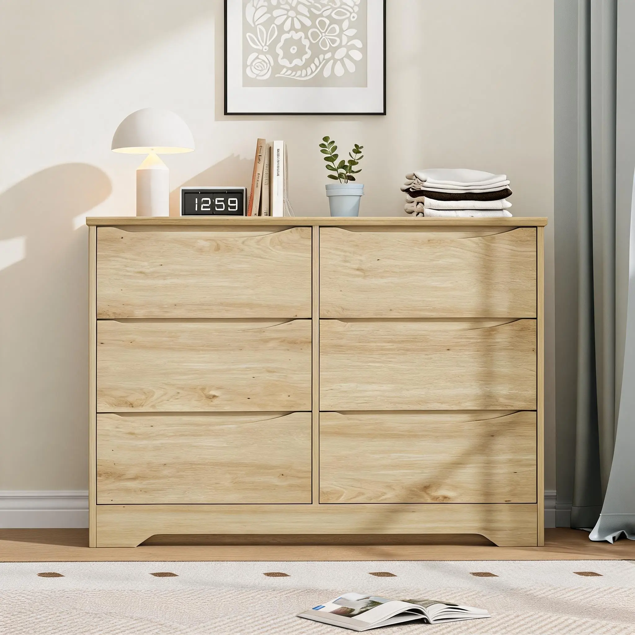Solid Wood Tall 6-Drawer Dresser Cabinet - Modern Deep Storage Chest with Oversized Wide Display Top, Large Capacity Clothes Organizer for Bedroom, Kids Bedroom, Solid Wood Dresser