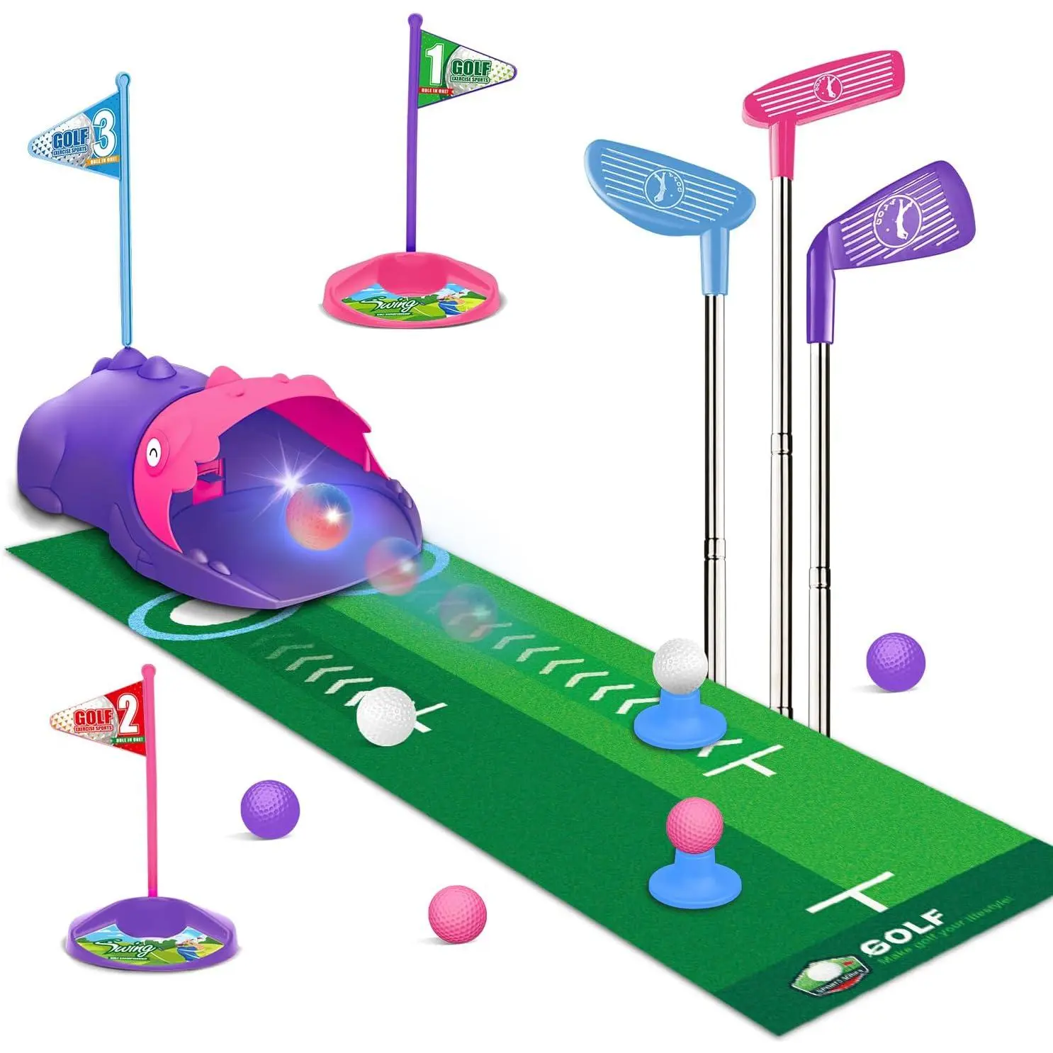 Kids Toy Golf Set with Dinosaur Automatic Golf Returner, Led Light Up Night Golf Balls, 3 Clubs, Putting Mat, 3-8 Toddler Mini Golf Games, Indoor Outdoor Sports Toys for Boys Girls 3+ (Pink)