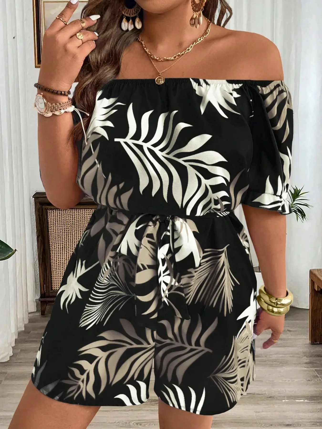Women's Plus Size Romper Boho Bohemian Tropical Leaf Print Off Shoulder Ruffle Sleeve Tie Waist Casual Summer Beach Vacation Outfits Trendy Feminine