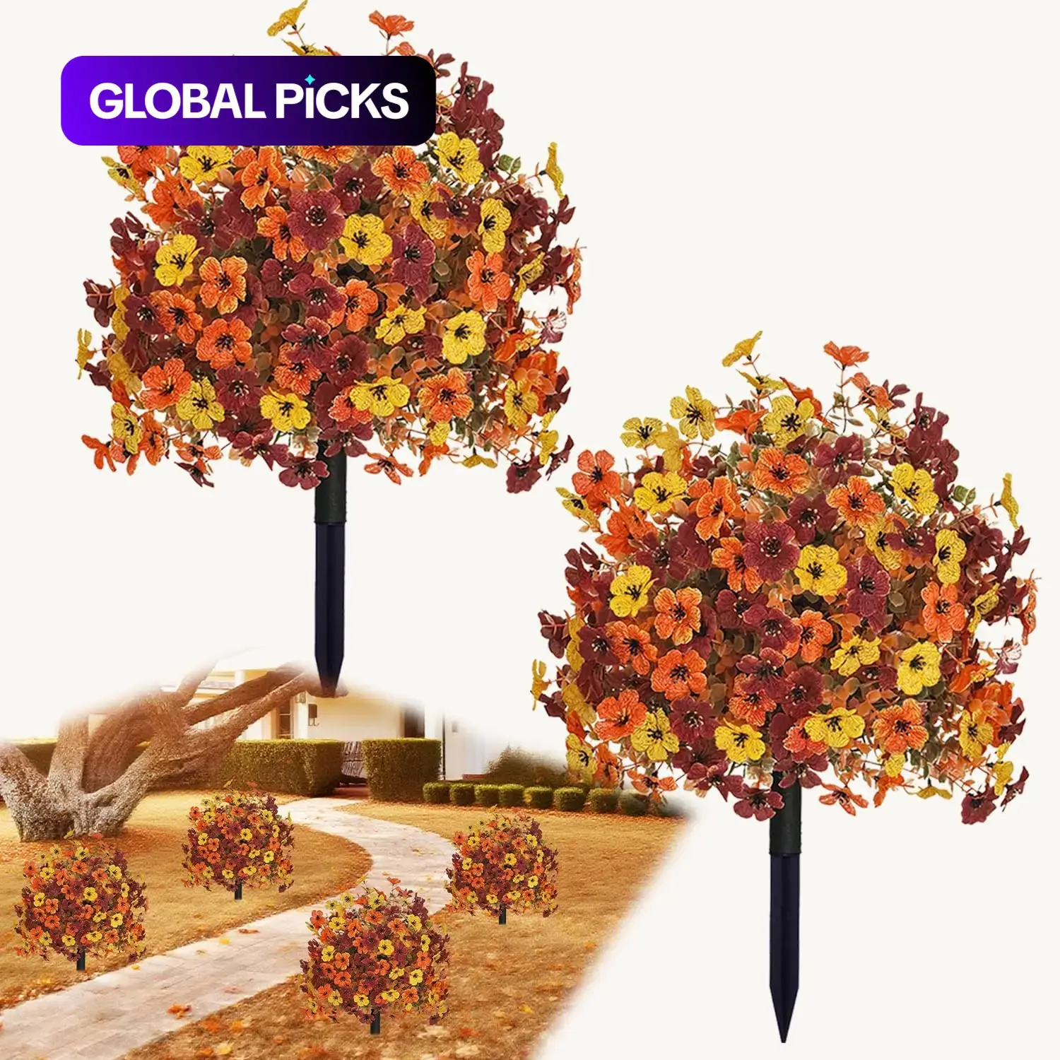 Fall Artificial Mums Topiary Ball Tree, Set of 2 Fake Boxwood Balls, UV Resistant Faux Shrubs, Realistic for Potted Front Porch Decor
