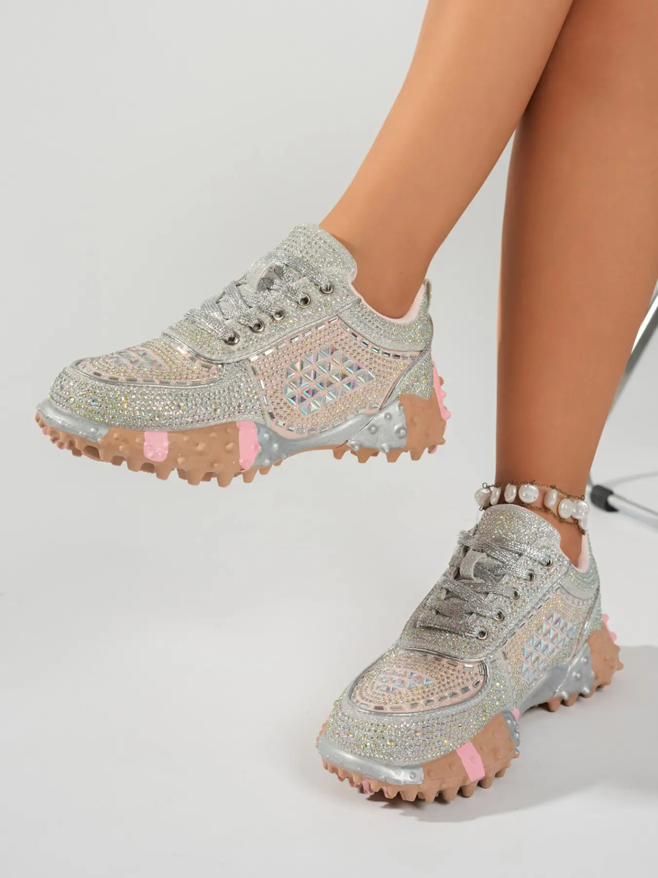 Women's Rhinestone Thick Sole Casual Shoes, Sparkly Full Rhinestones Laces Dad Sneakers, Trendy Chunky Sole Sports Shoes for Christmas Party