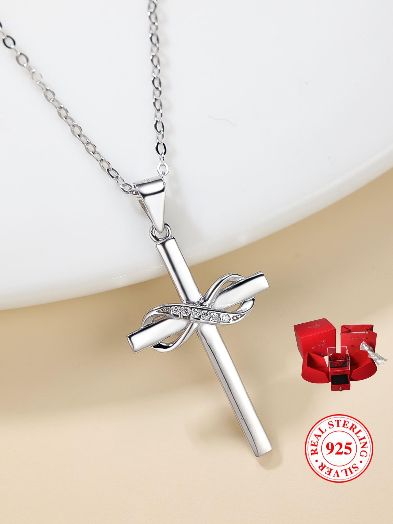 S925 Sterling Silver Infinity Cross Pendant Necklace, Elegant Women's Stackable Clavicle Chain Necklace, Dating Gift for Women & Men, Dainty cross necklace