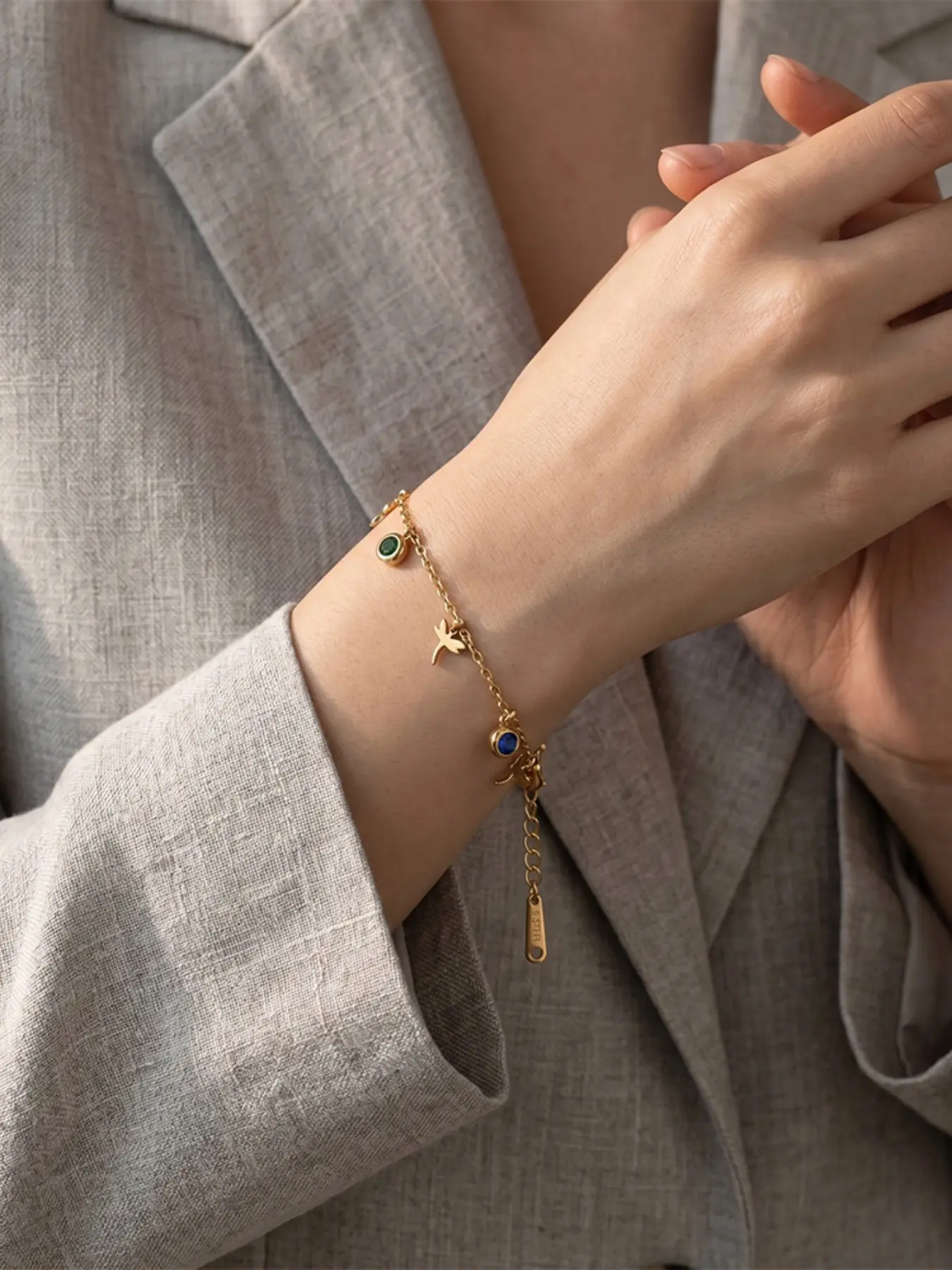 18k Gold Plated Dragonfly Pendant Bracelet, Stainless Steel, Blue Edge, Colorful Zircon, Minimalist Luxury Women's Jewelry