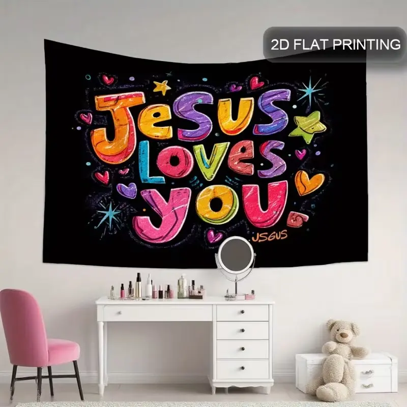 2D Flat Banner Jesus Loves You Starry Night Wall Art, Gold Dots, Heart Stars, Christian Decor, Party Event Props, Multiple Sizes