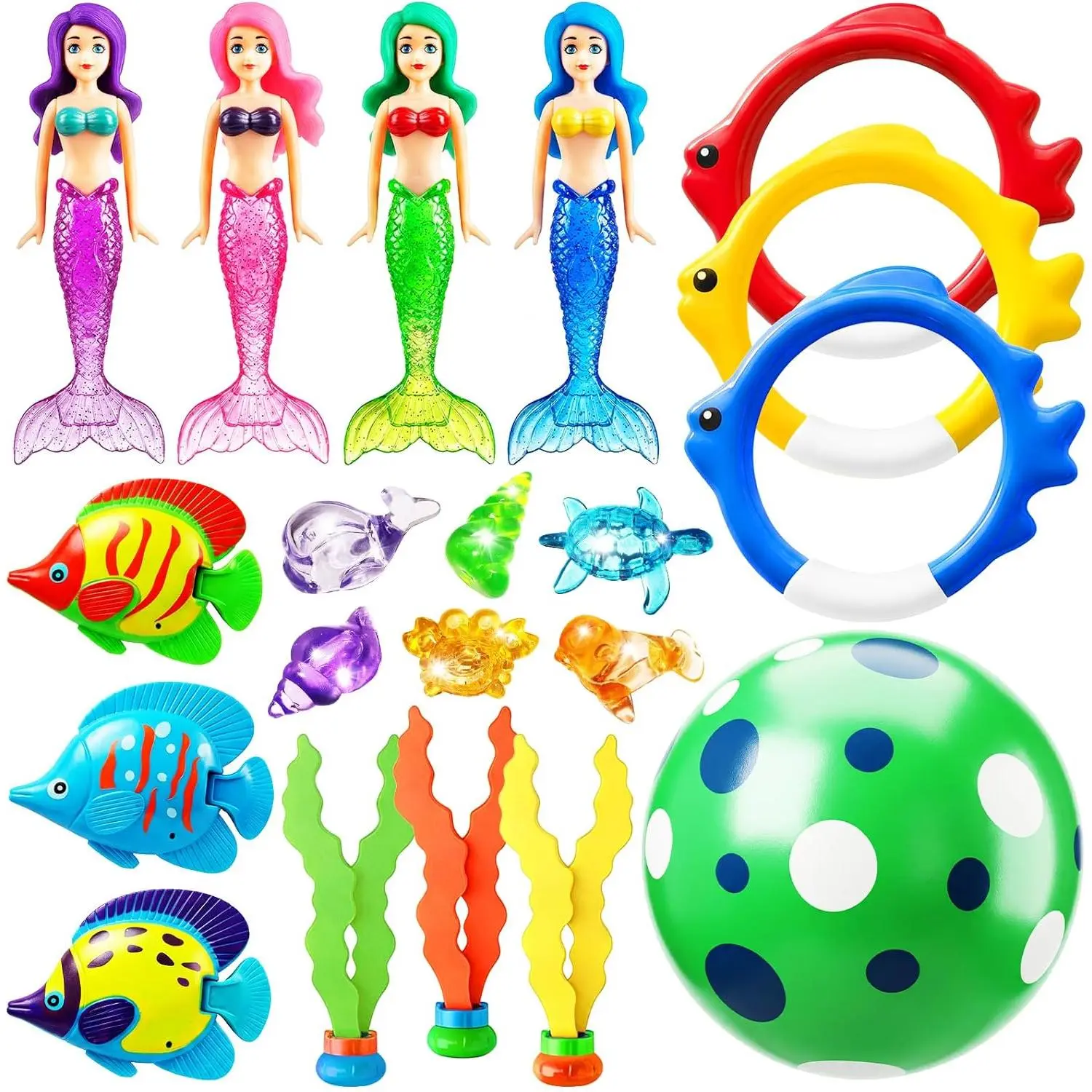 Pool Diving Toys Games - 20PCS Swimming Mermaid Pool Toys with Dive Rings Gems Beach Ball Underwater Treasures Seaweeds Fish Swim Toy etc Bath Water Toy Training Gifts for Kids Adultfidget toys