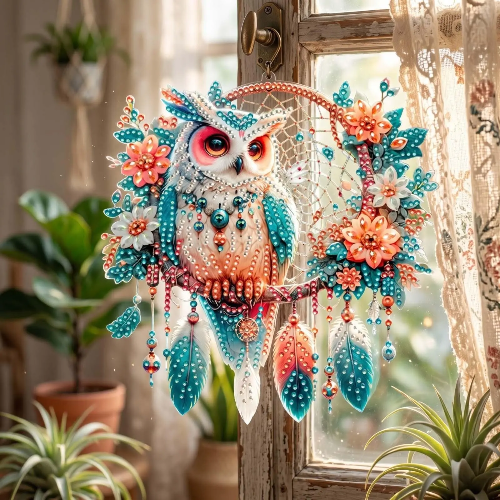 Adult Owl Bird Bead Craft Kit, DIY Pendant Sun Catcher, Crystal Pearl Diamond Painting Set, Holiday Wall Window Decor Gift, Wall Art Decoration