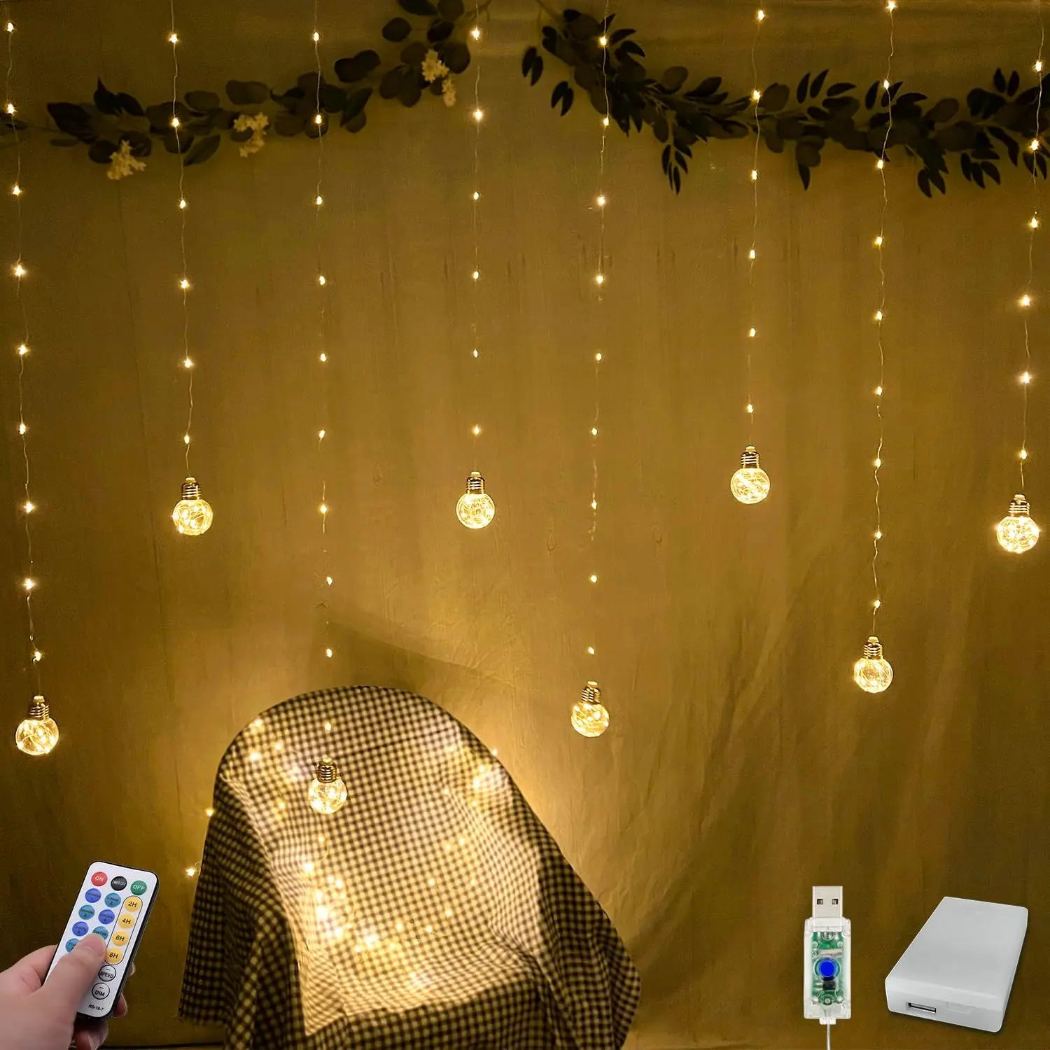 Wishing Ball Curtain Lights 200 LED Window Curtain String Lights with Remote, USB Battery Powered Twinkle Globe Fairy Lights for Wedding Party Bedroom Christmas Decoration (Warm White)