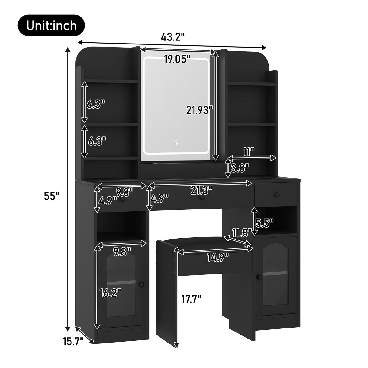43.2" Vanity Desk with LED Mirror & Lights, Glass Top Vanity with RGB Light Cabinets, Dressing Table with 3 Drawers, Shelves & Stool – White/Black