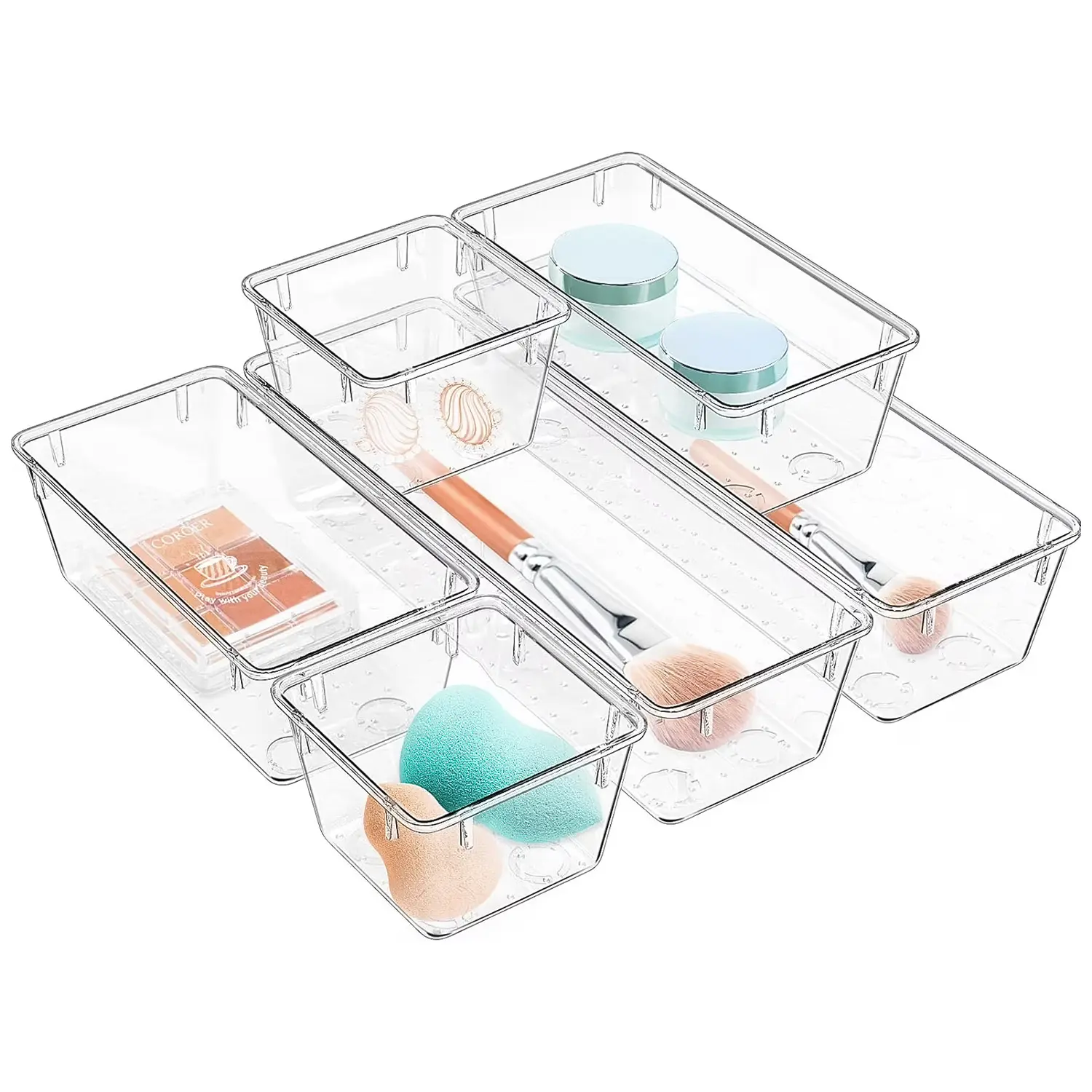6 Pack Clear Drawer Organizer Set, Acrylic Drawer Storage Trays, Storage Bins for Makeup, Cosmetics, Jewelries, Utensils, Gadgets, Office