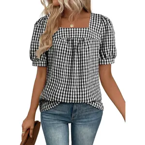 Tops for Women Short Sleeve Tunic Blouse Square Neck Gingham Tops Cotton Blend Plaid Shirt Cute Checkered Shirt(Gift)
