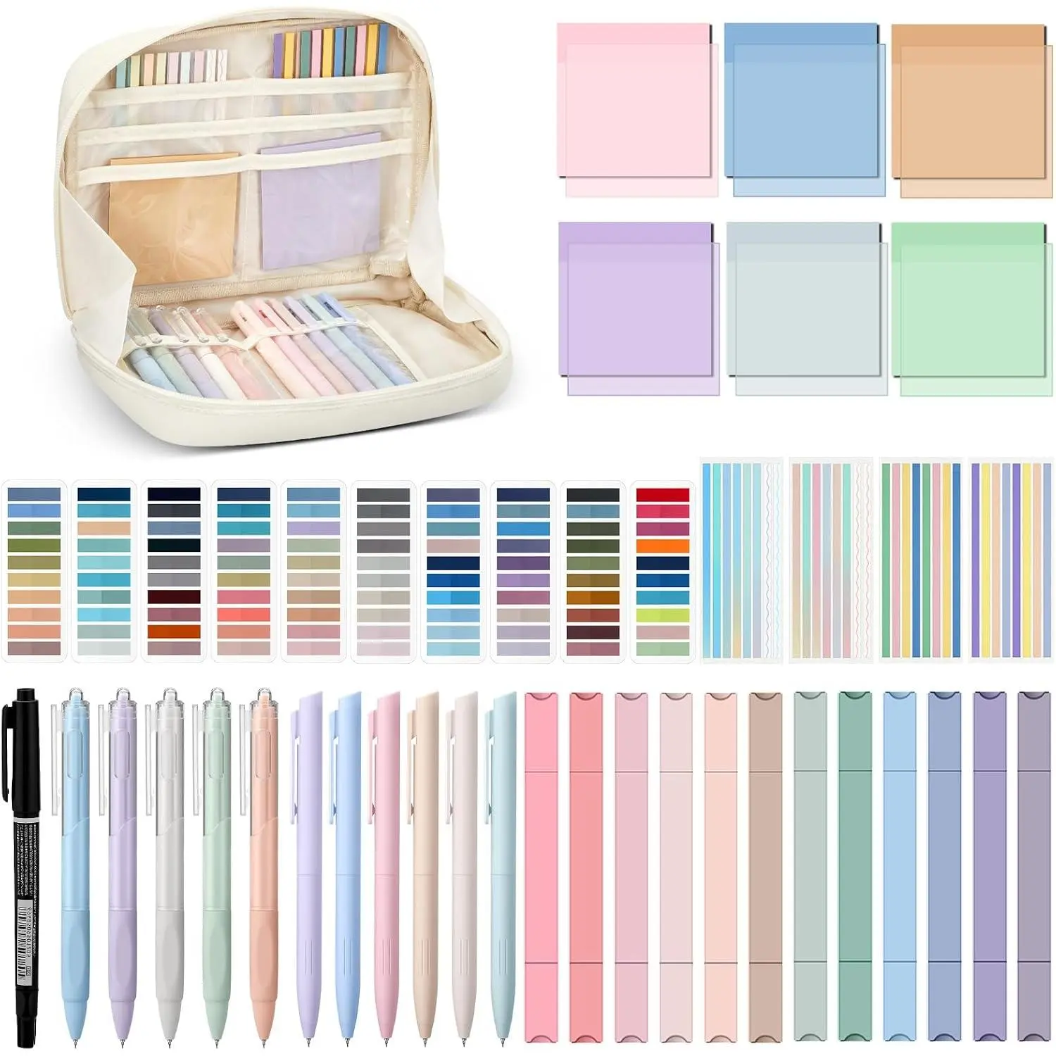 135 count Book Annotation Kit Aesthetic Pencil Case Bag 12 Highlighter 11 Gel Pen 1 Marker 300 Sheet Transparent Sticky Notes Pad 2640 Index Stickers  Study Supplies(Kawaii,Beige)
