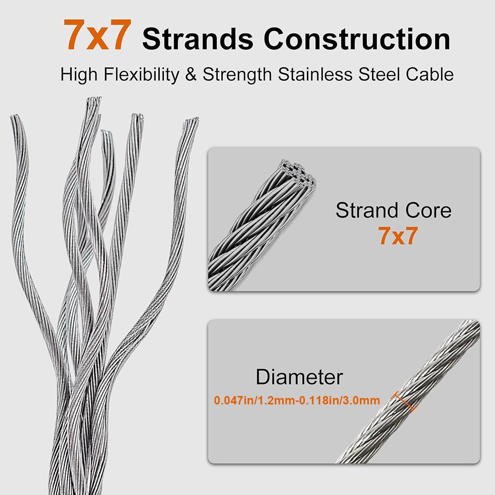 393.7inch Wire Rope 304 Stainless Steel Cable Aircraft Cable 1.2/1.5/2.0mm Wire Rope With Buckle Clip 7x7 Stainless Steel Strand Core And Double Barrel Ferrule Perfect For Outdoor Hanging, Clothes Line Wires, Garden Fence