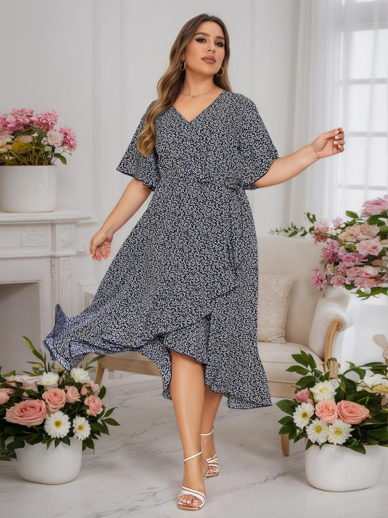 Plus Size Floral Print Ruffle Hem Belted Wrap A Line Dress, Boho Butterfly Sleeve V Neck High Low Midi Dress, Women Casual Clothing for Spring & Fall