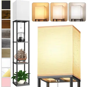 Floor Lamp with Shelves for Living Room, Shelf Floor Lamp with 3 CCT LED Bulb, Corner Display Standing Column Lamp Etagere Organizer Tower Nightstand with White Linen Shade for Bedroom, Office