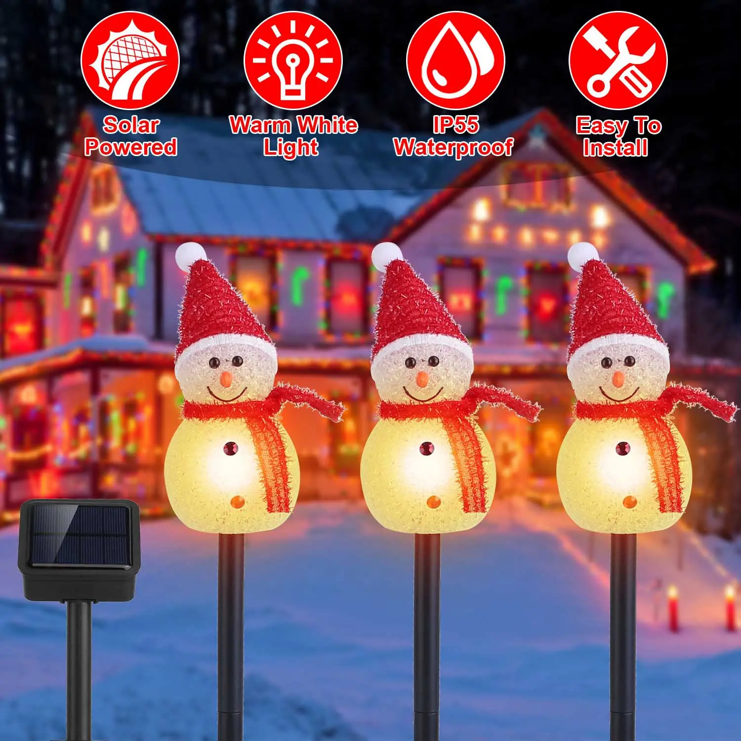 1Pc Solar-Powered Composite Plastic Lamp, 3 Snowmen Outdoor Christmas Decor Garden Stake Light, IP55 Rated Waterproof Santa Landscape Warm White LED Pathway Yard Patio Light