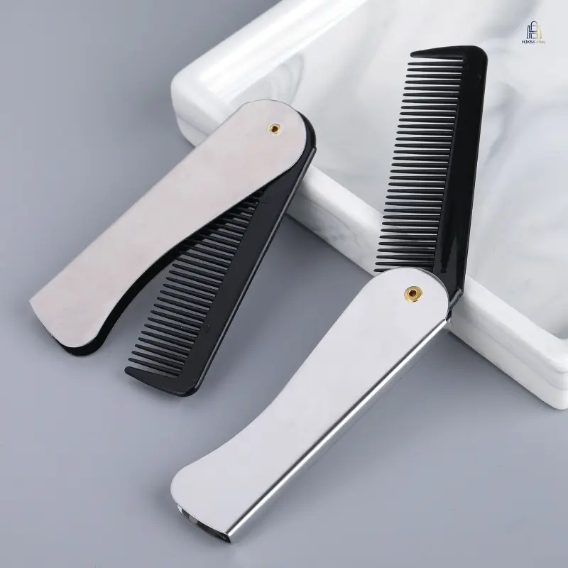 Folding Hair Comb, Popular Stainless Steel Beard Comb, Portable Men’s Pompadour Styling Plastic Comb, Barber Cutting Grooming Tool, Compact Daily Travel Hair Accessory