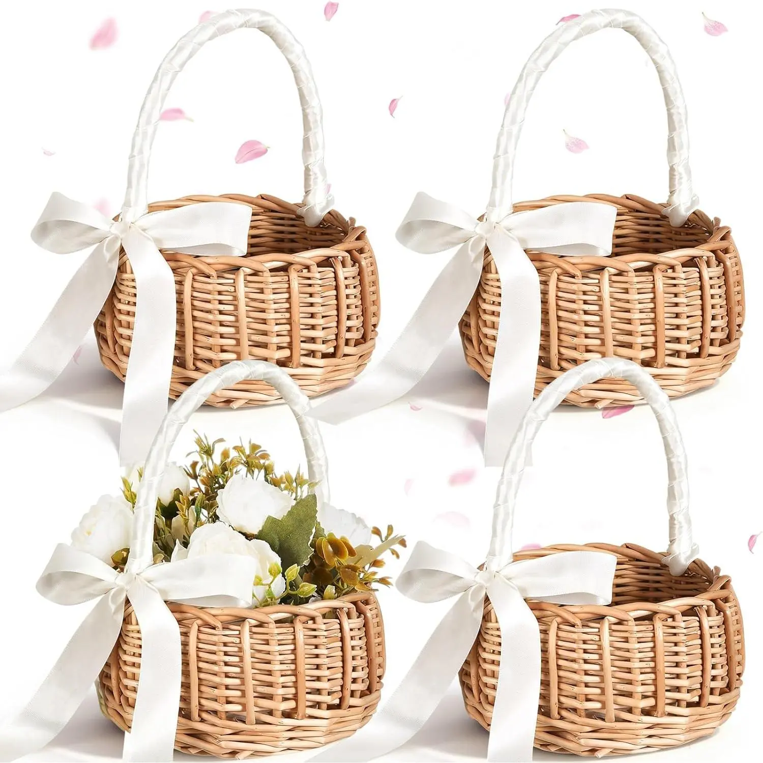 4 Pcs Brown Rustic Wicker Rattan Flower Girl Baskets with Handle 7.87 x 4.33 Inch Lightweight Baskets for Wedding Ceremony Bridal Shower Home Decoration with White Ribbon Bow